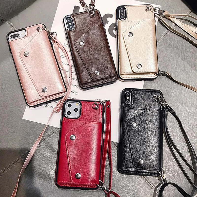 Чехол-кошелек с ремешком через плечо противоударный чехол для iPhone 6 6S 7 8 Plus X 11 Pro Max