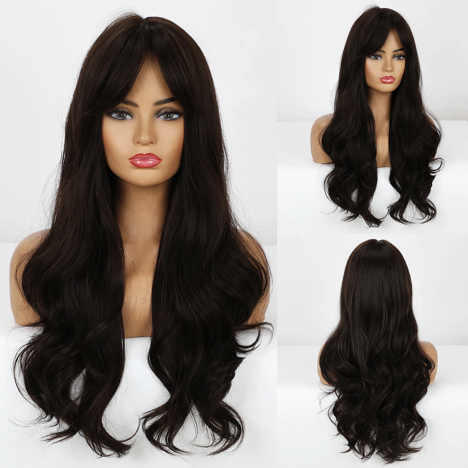 Long Black Synthetic Wigs for Women Wavy Wig With Air Bangs Vogsig