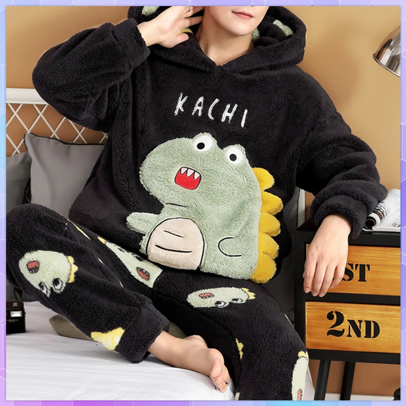 Winter Coral Fleece Sleep Tops Black Flannel Pajamas Set Women Man Thick  Plush Warm Girl Gift Plus Velvet Hooded Homewear