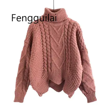 

FENGGUILAI Autumn Winter Loose Women Sweaters Female Bat Sleeve Rough Woolen Short Warm Ladies Turtleneck Thickening Tops