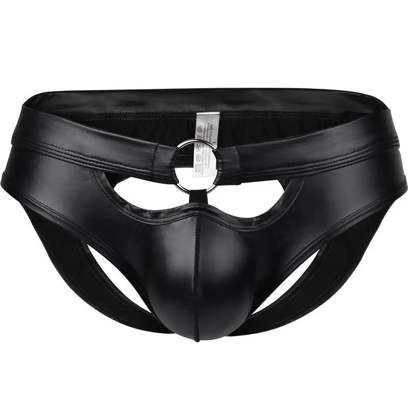 Faux Leather Mens Briefs Sexy Underwear Penis Pouch PU Hollow Open Butt Backless Jockstrap Erotic Underpants Panties Stage Wear mens swimming briefs Briefs