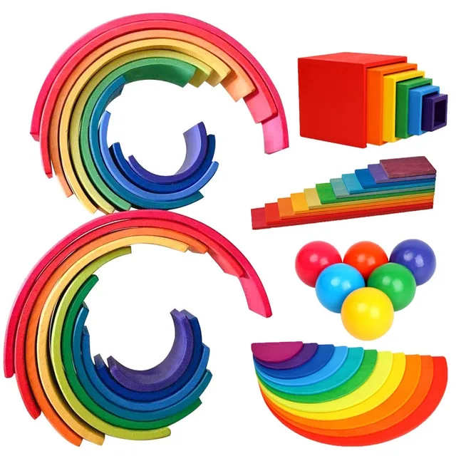  US $11.73  Children Wooden Rainbow Blocks Wooden Balls Dolls Rainbow Building Stacking Blocks Montessori Color