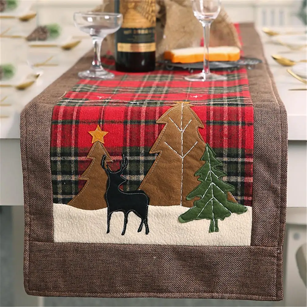 

Christmas Table Runner New Year Decorative Bright Plaid Patterns Embroidered Elk Small Tree Tablecloth For Christmas Decorations