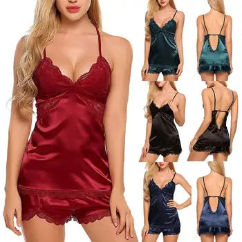 

Sexy Women V Neck Adjustable Straps Backless Camisole Elastic Shorts Sleepwear