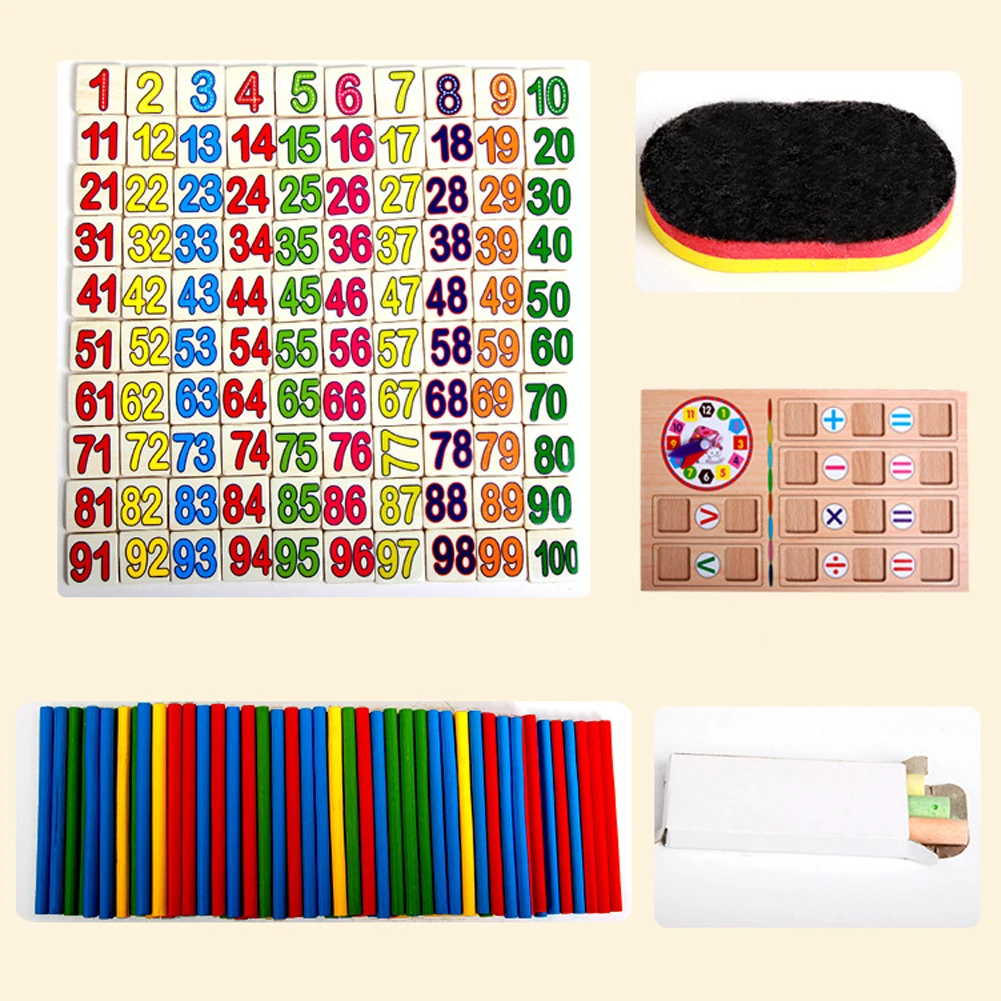 Kids Maths Teaching Box Set Children Wooden Number Counting Math Toy Mathematics Sticker Calculate Game Toy Education Block