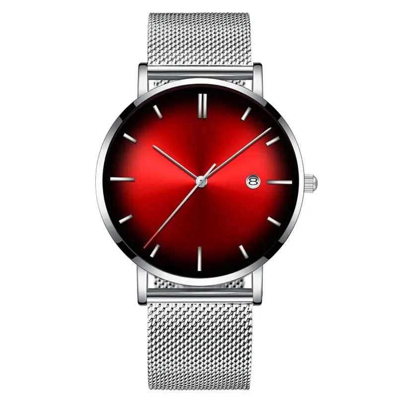 SilverRed Новые мужские часы градиентного цвета повседневные модные часы из нержавеющей стали с сетчатым ремешком ультра тонкие часы Бизнес подарок наручные часы - Цвет: SilverRed