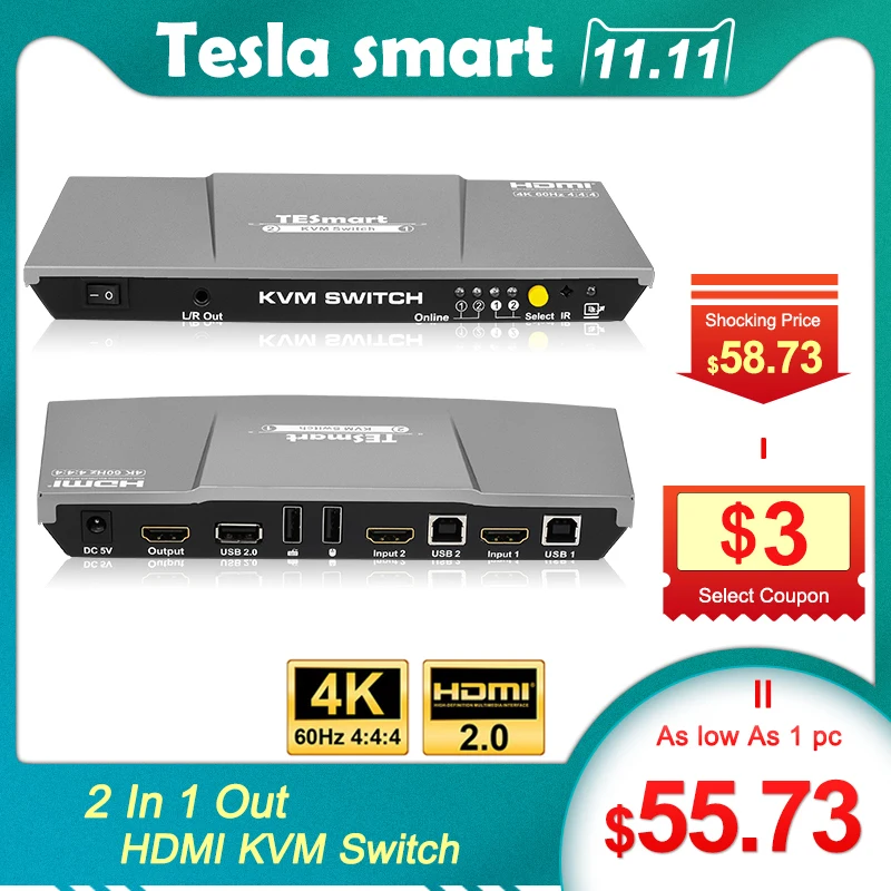 Tesla smart 2 порта вход и 1 порты вывода HDMI KVM переключатель поддержка 3840*2160/4 к * 2 к и USB 2,0 порты клавиатура и мышь порт