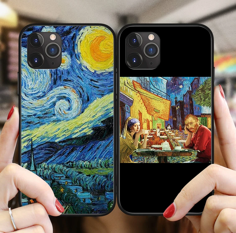 

Phone Case For iPhone 11Pro MAX XR XS Spoof Van Gogh Starry sky art black Soft TPU Cover For iPhone 6 6S 7 8 Plus 5 5S SE Case