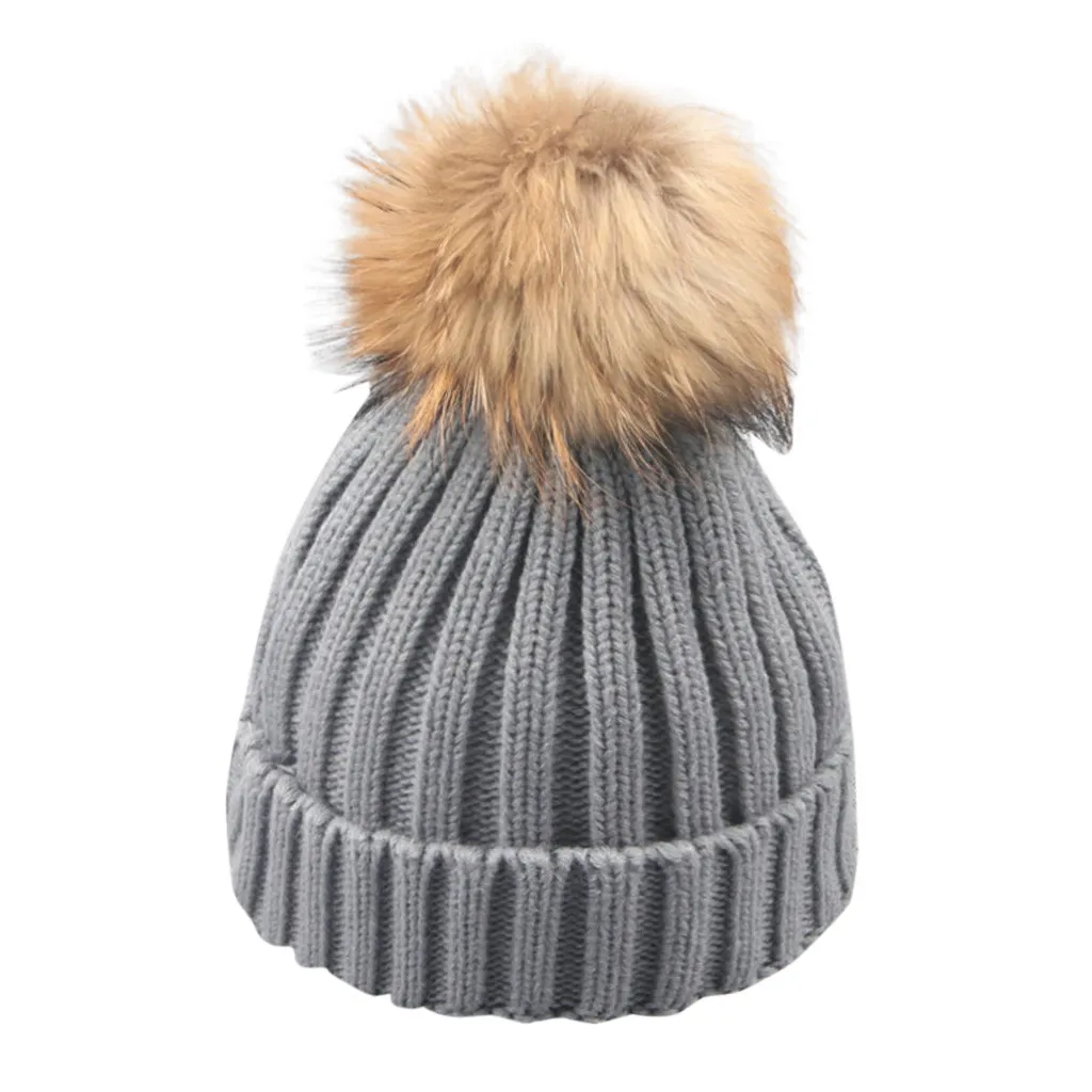 Осенне-зимняя теплая шапка для маленьких мальчиков, вязаная шерстяная шапка с натуральным мехом, родитель-детские шапочки для маленьких девочек, Шапка-бини, Детские аксессуары - Цвет: Gray S