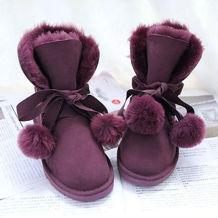 New Top Quality Fashion Women Snow Boots Natural Fur Warm Women Boots Genuine Sheepskin Leather Lace Up Winter Boots Shoes - Цвет: Grape Purple
