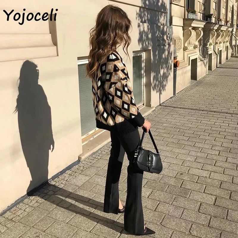 Yojoceli, геометрический, в клетку, вязаный свитер для женщин, v-образный вырез, свободный, Повседневный, уличная одежда, джемпер, пуловер для женщин, вязаные