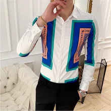 Высококачественная Мужская Клубная рубашка роскошный синий квадратный принт с длинными рукавами рубашка мужская мода дизайнер ночной клуб вечерние мужские рубашки M-4XL