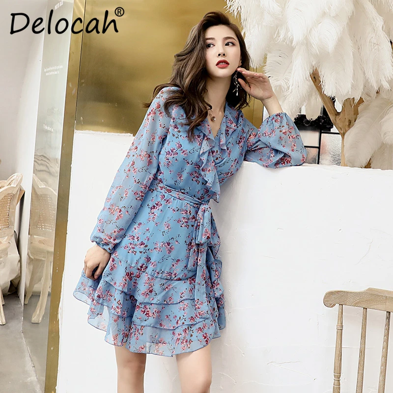 

Delocah Women Autumn Cupcake Dress Runway Fashion V-Neck Floral Printed Ruffles Bow Tie High Waist Casual Holiday Mini Dresses