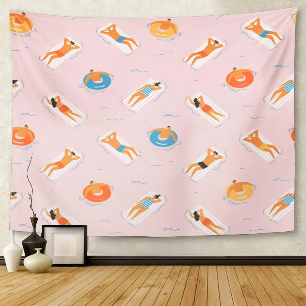 Summer Time Beach In People Swimming Sunbathing And Relaxing Tapestry Wall Hanging For Living Room Bedroom Dorm 50X60 Inches