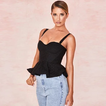 

Chic Spaghetti Strap Sleeveless Ruffle Hem Crop Top Women Black Zipper Sexy Bra Tops Elegant Bare Back Elegant Corset Cropped