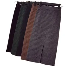 Трикотажная юбка, повседневная, эластичная талия, женские юбки, Осень-зима, теплая, прямая юбка, ребристая, средней длины, юбка, толстая, средней длины, юбка для девочек