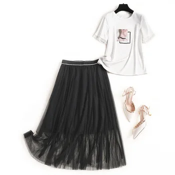 

Plus size women black skirt and top set summer 2020 short sleeve white printed T-shirts elastic waist mesh skirts 2 piece outfit