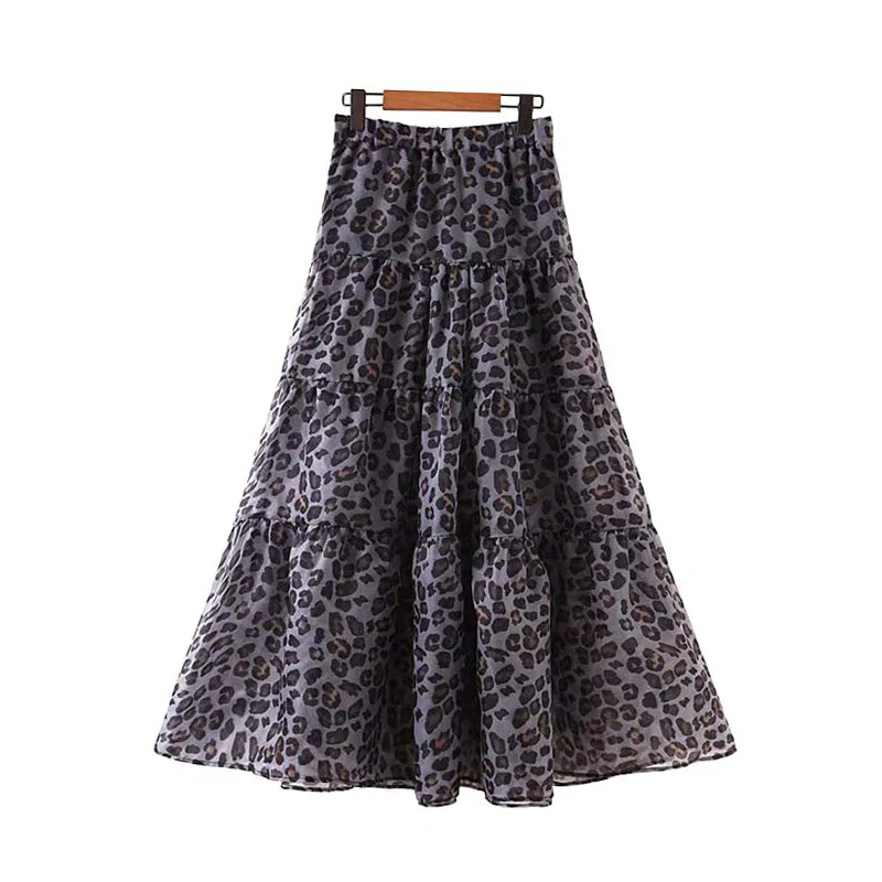 Винтажная стильная юбка макси из органзы с леопардовым принтом, Женская мода, трапециевидная эластичная талия, боковая молния, женские юбки, Faldas Mujer