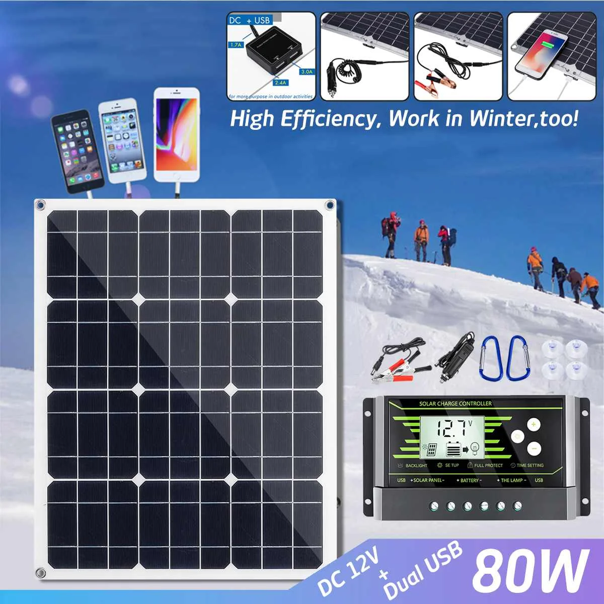 

80W Solar Panel 5V/18V Dual USB with Car Charger + 10A USB Solar Charger Controller for Outdoor Camping LED Light