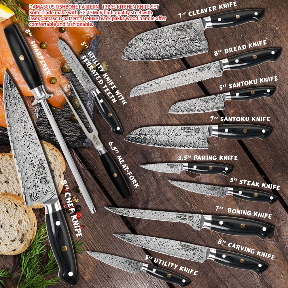 Baratos Cuchillo de cocina Everrich juego de cuchillas de acero inoxidable Damasco láser cuchillo para chef santoku herramienta de corte utensilios de cocina cuchillos de cocina