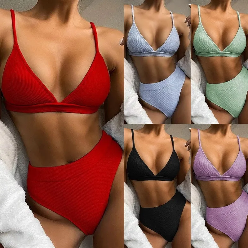 Juego de Bikini estilo Push Up trajes de baño de alta cintura traje de baño mujeres acanalado Bikini trajes de baño, Bikini brasileño púrpura 2021 bañistas nuevo