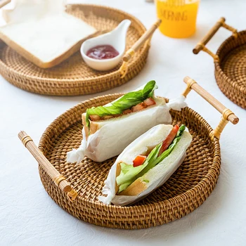

Handmade Fruit Basket Tea Tray Rattan Weaving Bread Storage Organizer Rattan Tray Round Decor For Kitchen Food Picnic Container