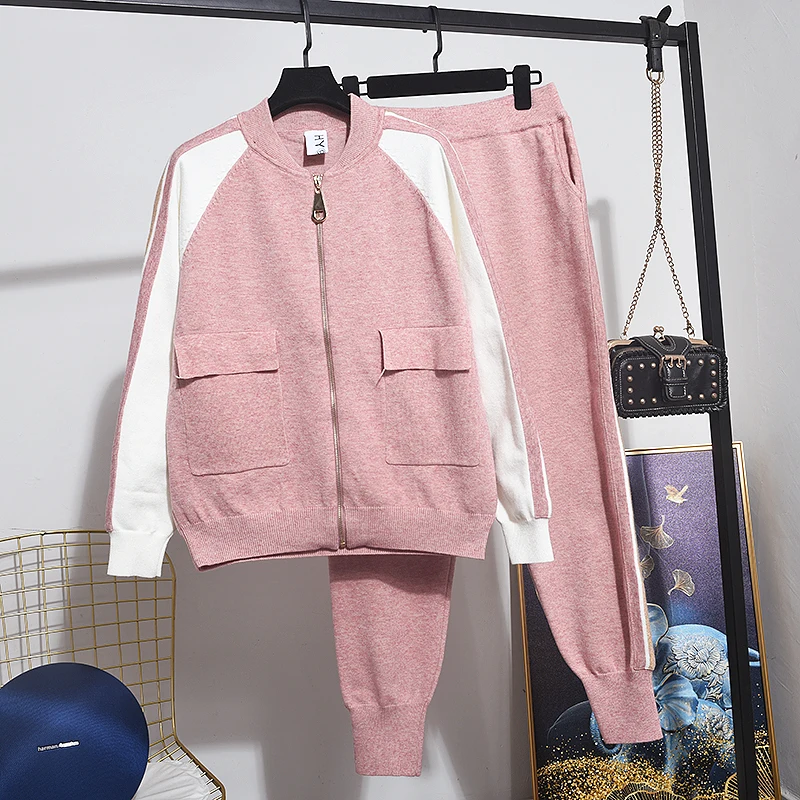 

Korean Pink Sports Tracksuit Women Knitted Cardigan Long Pants 2 Piece Set Loose Long sleeve Knitting Tops Trousers Female 2pc