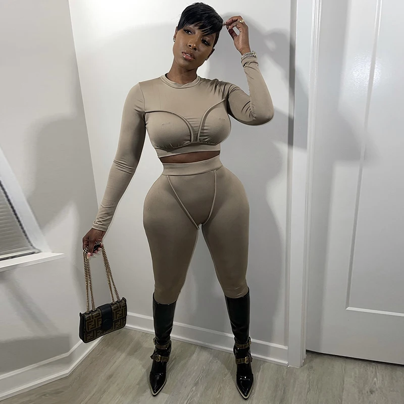 2021 Autumn Winter Women Sport Fitness 2 Two Piece Set Outfits Long Sleeve Solid Crop Tops Leggings Pants Set Bodycon Tracksuits