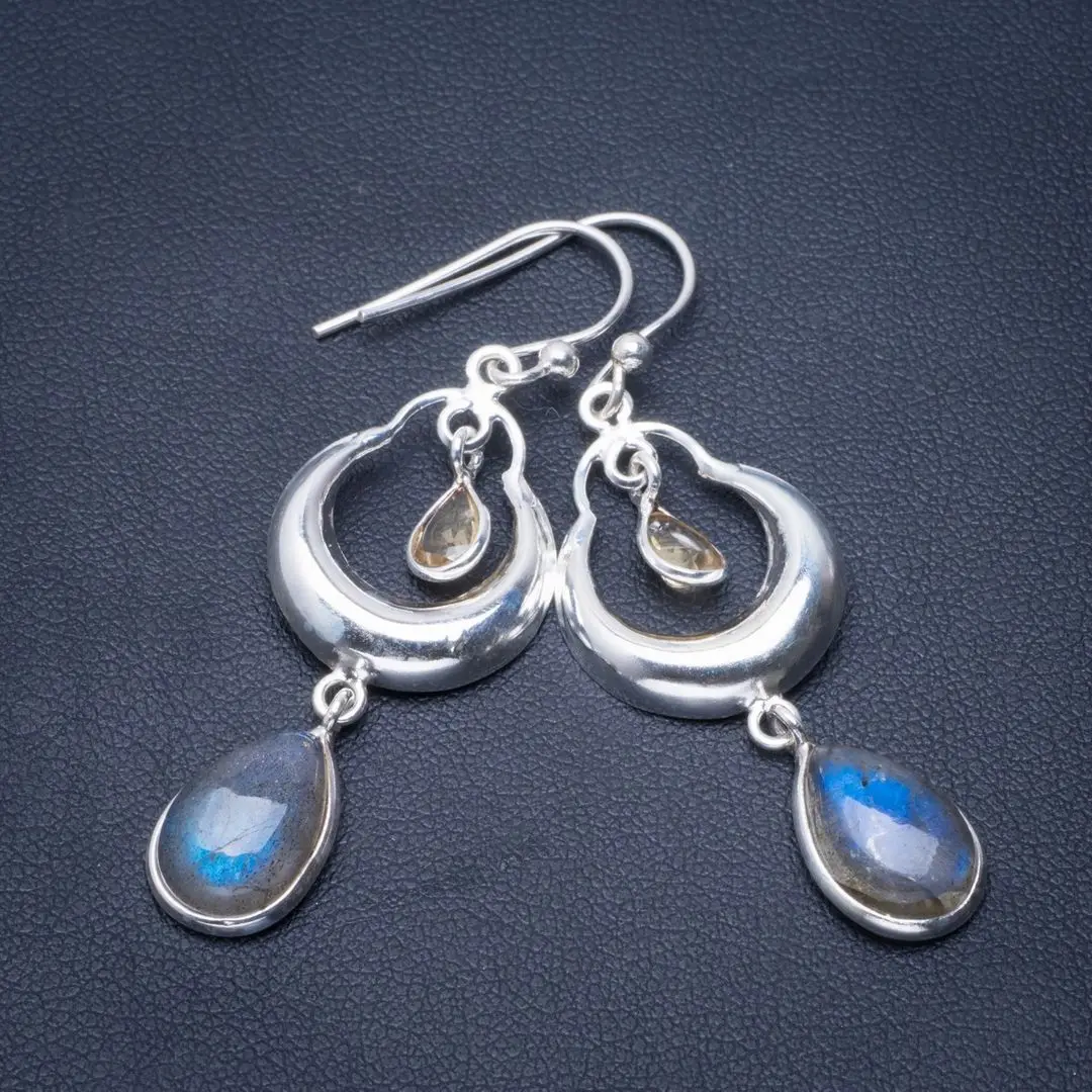 

Natural Blue Fire Labradorite&Citrine Handmade Unique Moon 925 Sterling Silver Earrings 2" B2271