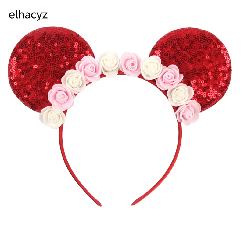 Lovely Flowers Headband Girls Glitter Sequins Mouse Ears Hairband Women Festival Kids Party Headwear Summer Hair Accessories baby hat girl boys unisex party hat newborn top hat bonnet lovely headdress toddler beanie birthday headband