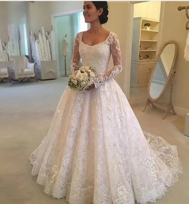 Винтажное кружевное свадебное платье с длинными рукавами Vestido de noiva с глубоким вырезом и пуговицами сзади, большие размеры, свадебные платья - Цвет: same as picture