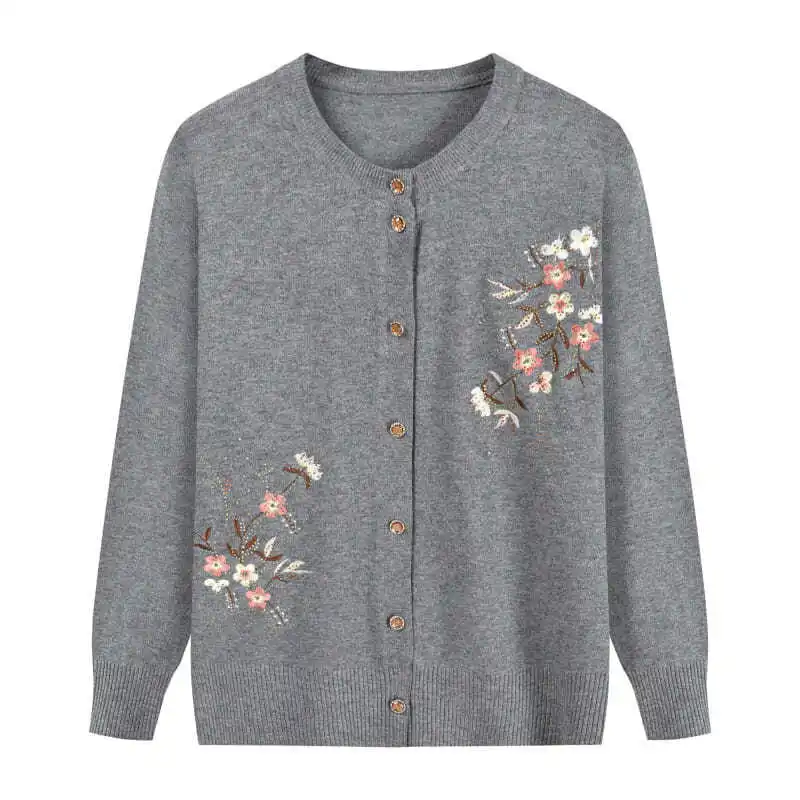 Spring Autumn Thin Knit Cardigan Jackets Grandma Embroidered Long Sleeve Sweater Outerwear Plus Size Short All-match Women's Top