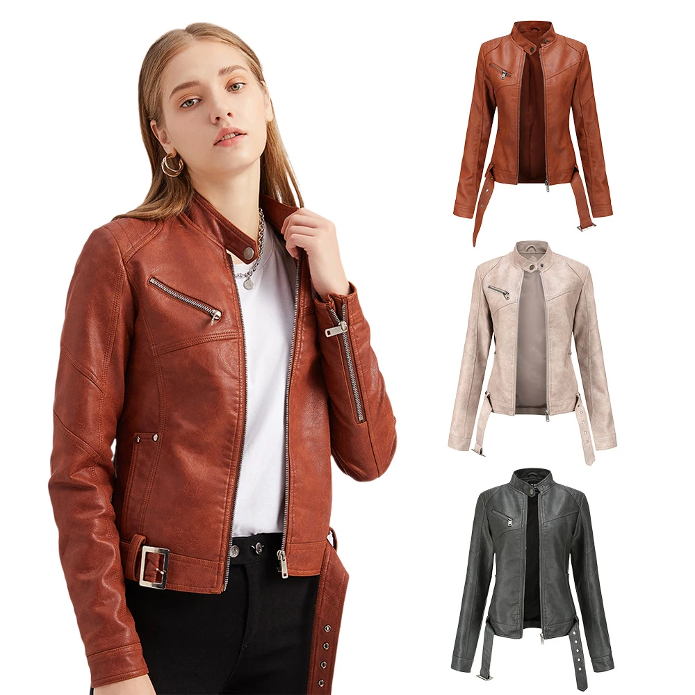 Chaqueta de cuero sintético para mujer, chaqueta de motorista con bolsillos con cremallera, abrigo ajustado con cuello levantado, 3 colores, 2020| Chaquetas de cuero| -