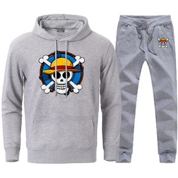 

Cartoon One Piece Skull Print Sweatshirts Hoodies Man Loose Fit Tracksuits Pants Sets 2020 Japan Anime Harajuku Sportswear Suits