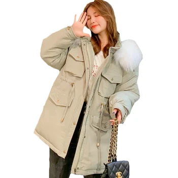 

Winter Jacket Women Korean loose Warm Down cotton Jackets long Tooling Bread clothing Womens Casual Hooded Parkas Overcoat F1183