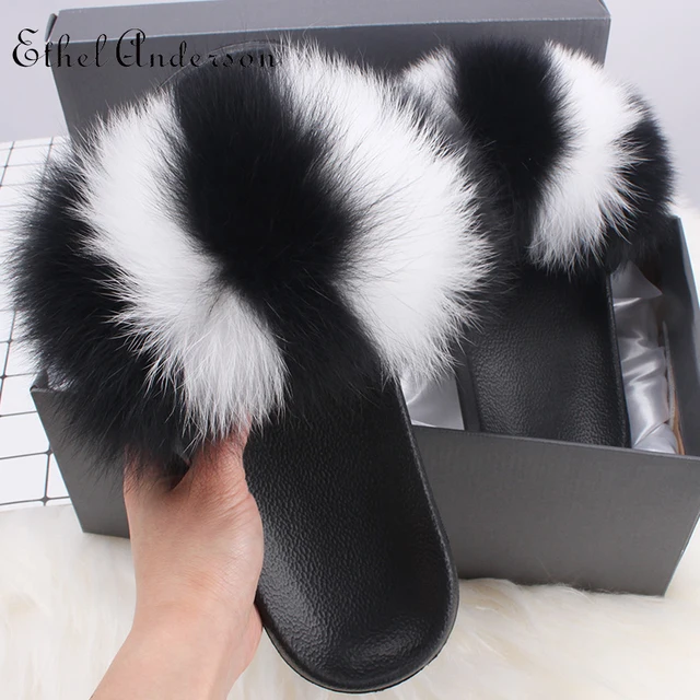 2021 Hot Sale Women Real Fox Fur Slippers Multi-color Summer Fashion Slides Casual Female Furry Shoes As picture