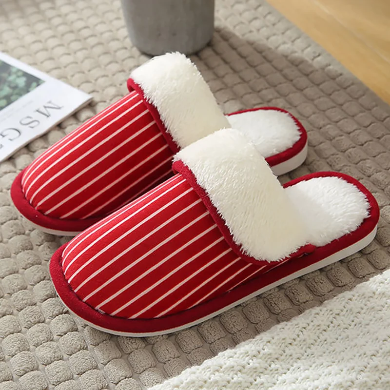 Striped slippers for women Velvet Plus size 43-45 Winter Keep warm Indoor shoes woman Antiskid Soft Home slippers women Fashion