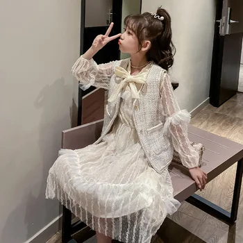 

Teen Girls Clothing Set Autumn Long-sleeved Casual Mesh Dress Vest Two-piece Suit for Girls Outfits Children Clothes 12 13 14 Y