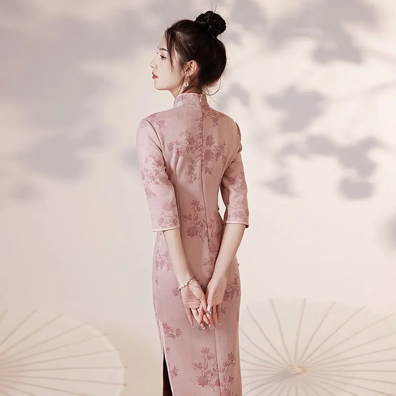 Cheongsam Qipao Chinese Dress Modern Pink Improved Cheongsam Retro Evening High-End Dress Elegant Floral Women