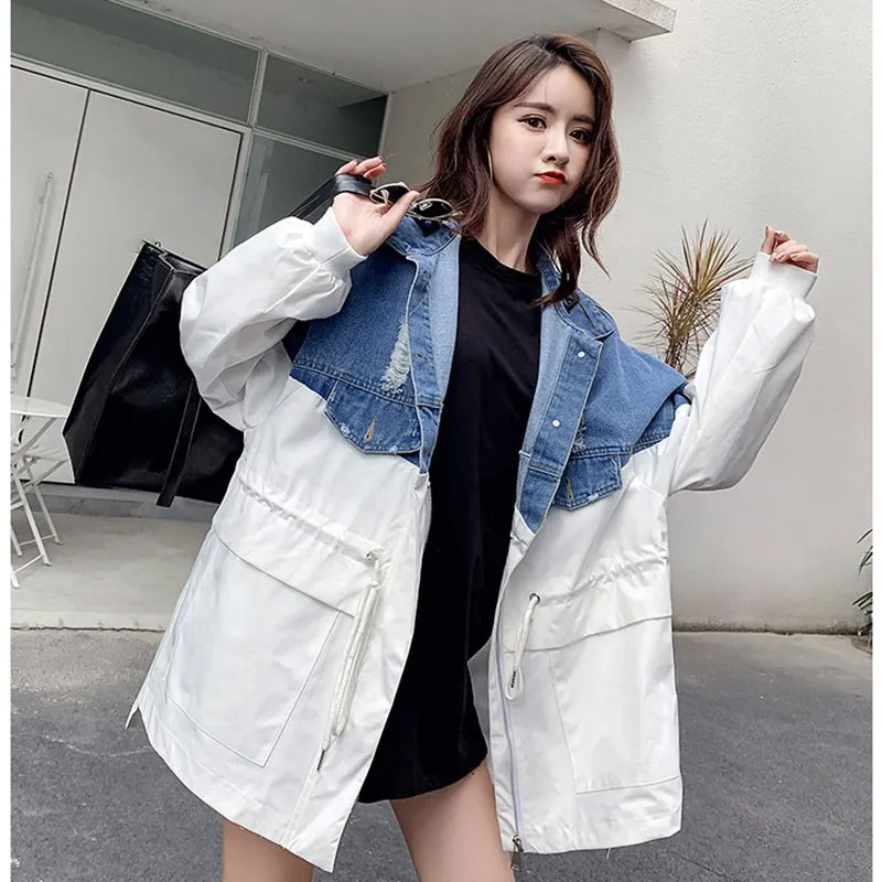 

Women Spring Autumn Fake Two Piece Patchwork Denim Jacket Coat Korean Oversized Bat Sleeved Loose Jacket Outwear