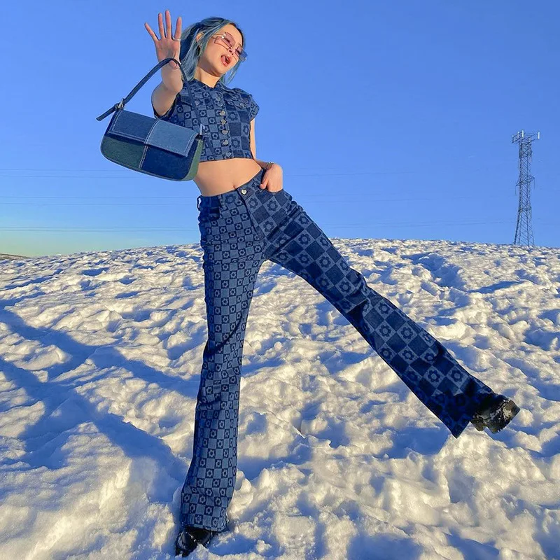 Women Denim Outfit Vintage Blue Crop Top And Wide Leg Pants Set JKP4789