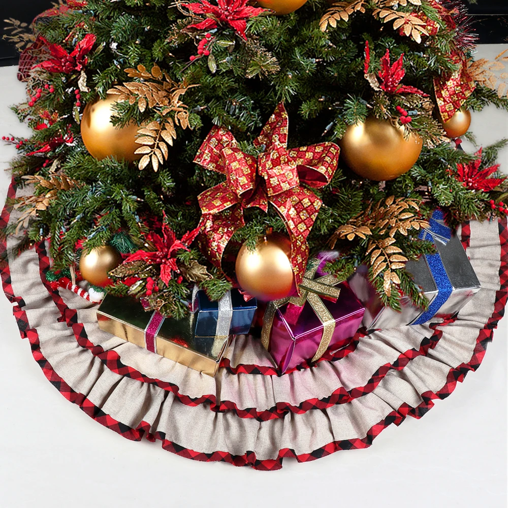 

OHEART Christmas Tree Skirt 48 Inches Plaid Ruffle Edge Tree Skirt 6 Layer Plaid Jute For Xmas Tree Party Holiday Decorations