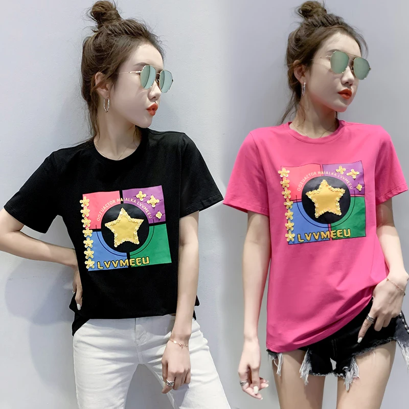 Plus Size T Shirt Women Print Cotton O Neck T-Shirt Woman Black Vogu Tshirt Short Sleeve Tee Top Camiseta Mujer Summer | Женская одежда