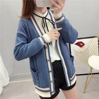 

2019 New knitting loose Autunm Cardigan women Button long-sleeve V-Neck Patchwork Office Lady sweater