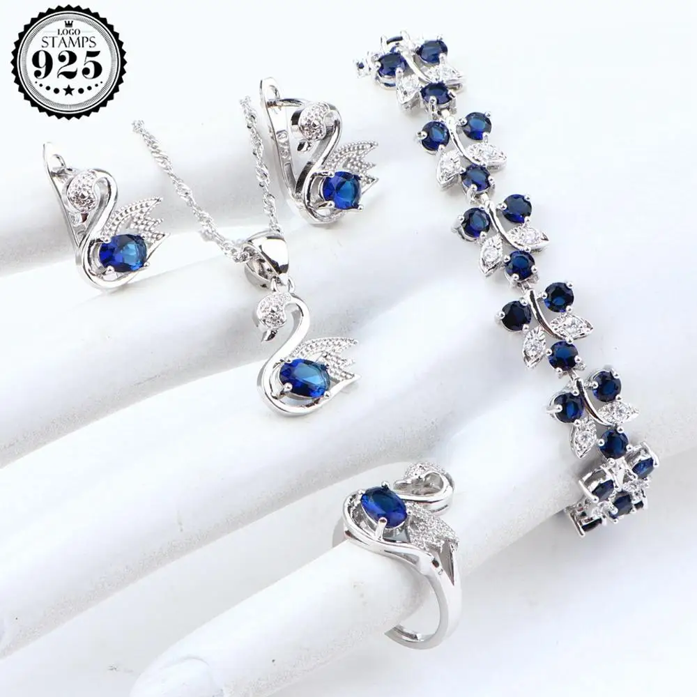 Свадебные 925 стерлингового серебра ювелирные наборы синий Цирконий, свадебное украшение камень браслет серьги женские ожерелье кулон Набор подарочных коробок - Окраска металла: 4PCS
