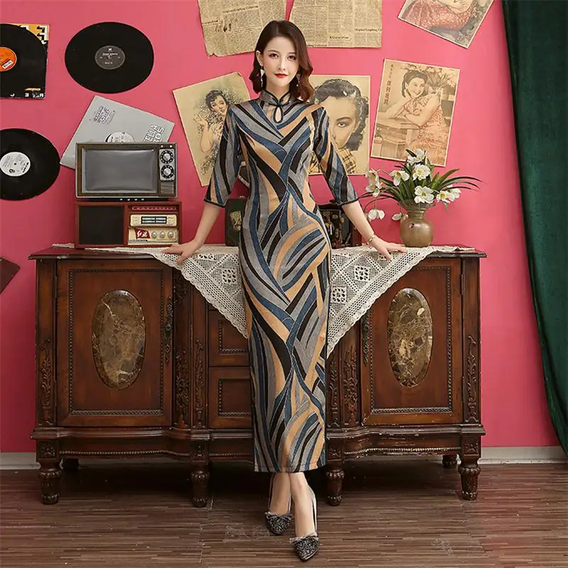 Длинные Cheongsam Новинка китайский стиль платье женские атласные тонкие вечерние платья ручной работы на пуговицах Vestido Размер M-4XL