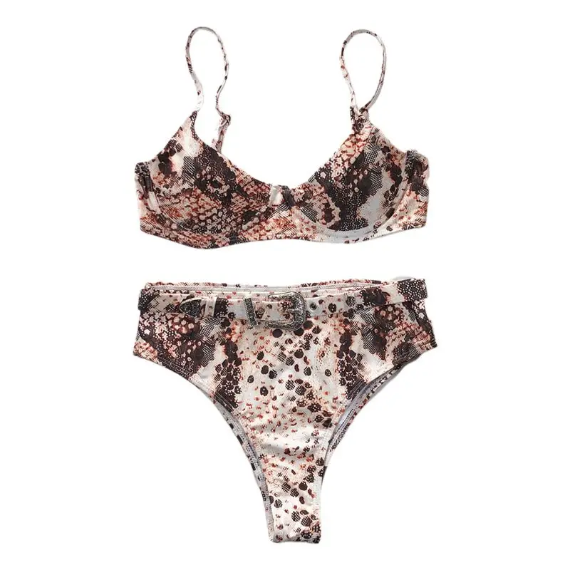 

Women Boho Sexy Triangle Snakeskin Bikini Set Push Up Padded Underwire Bra Swimsuit High Waisted Buckle Belt Bottoms Beachwear