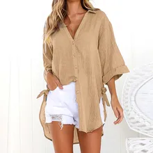 M-5XL plus size mulher praia cobrir sólido biquíni túnica botão manga longa roupa de banho mulher maiô kaftan praia pareo cape mujer(China)