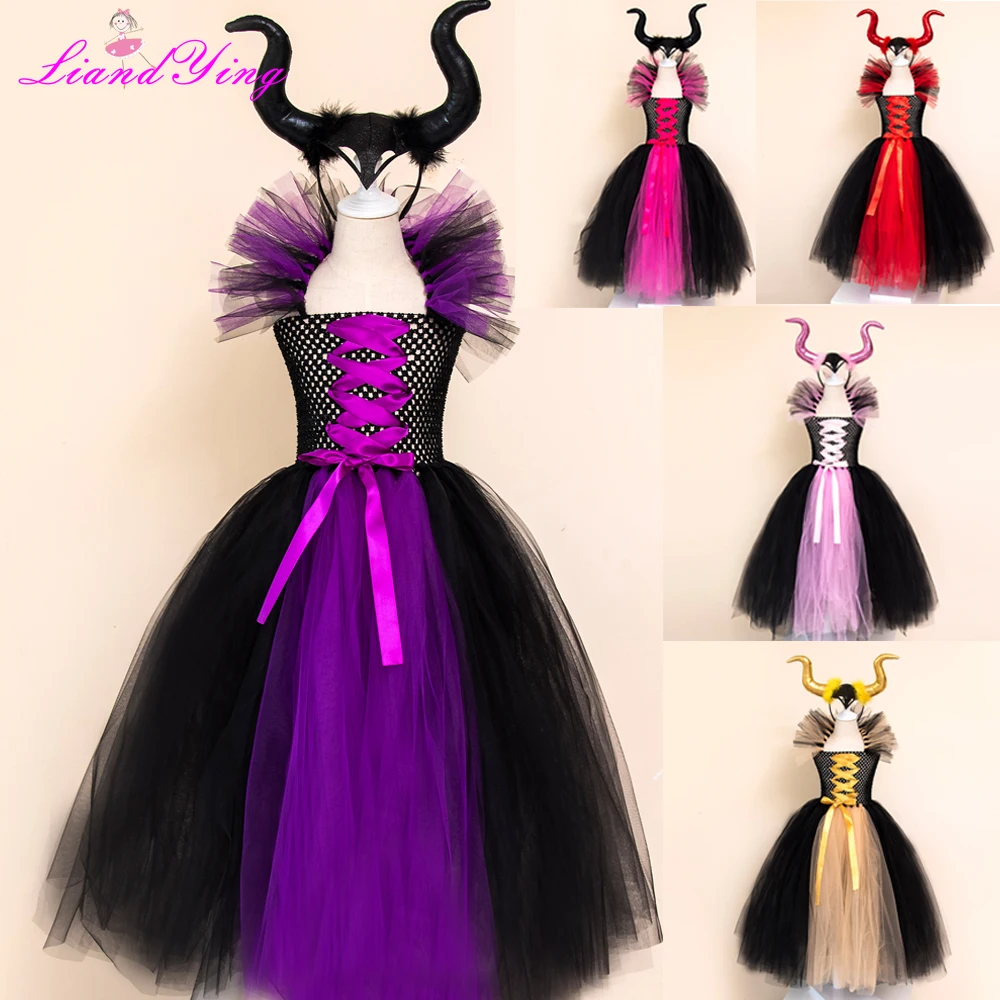 Maleficent/черный халат; платье-пачка с роскошными рогами; нарядное платье из тюля ручной работы для девочек; Детский костюм ведьмы для косплея на Хэллоуин