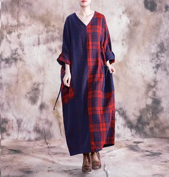 

Spring Autumn Red Plaid Cotton and Linen Patchwork Long Dresses V-neck Large Size Casual Women Vintage Retro Robe Maxi Dresses